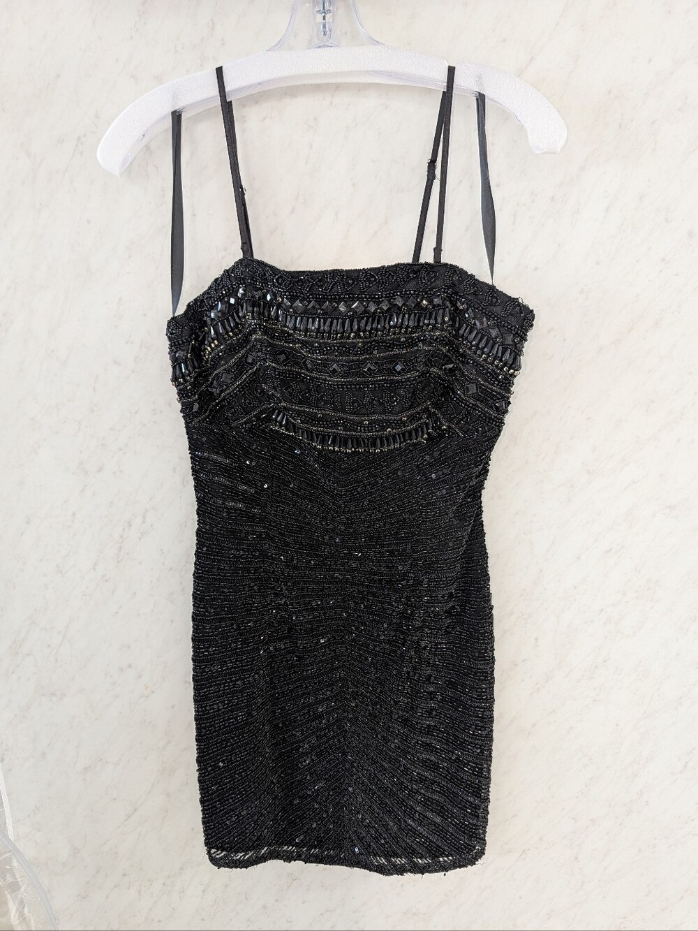 Primavera Couture Black Beaded Mini Dress with Double Straps